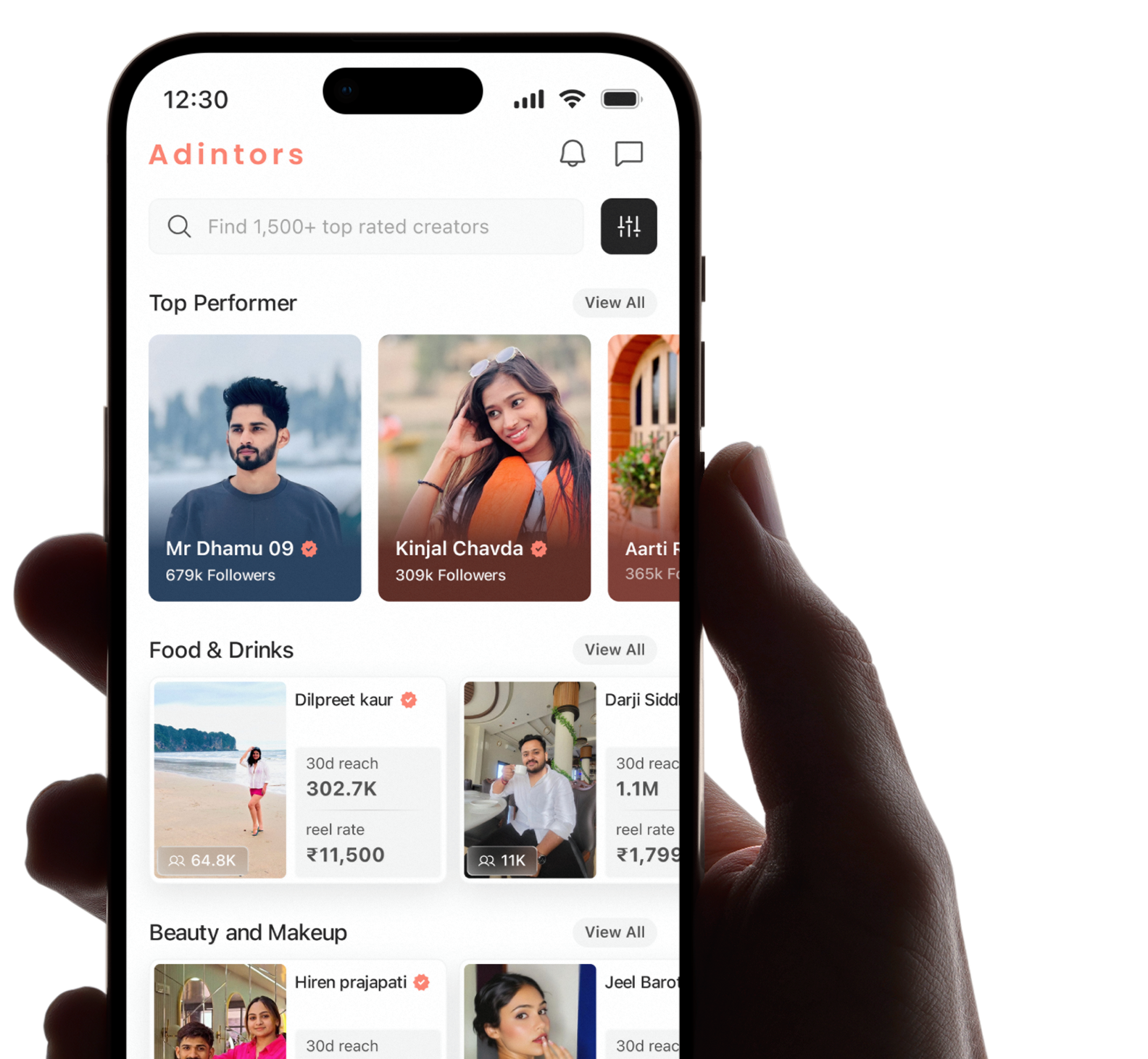 Brand searching verified creators on Adintors
